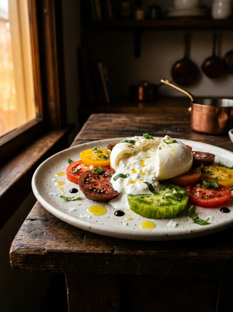 Burrata with heirloom tomatoes and basil