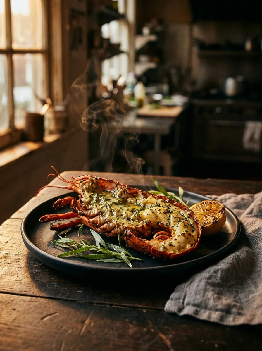 Grilled lobster half with herb butter and tarragon