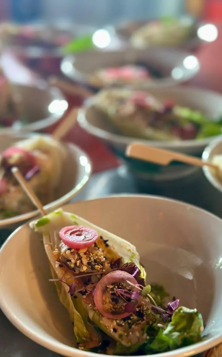 Lettuce cups with pickled shallots and sesame