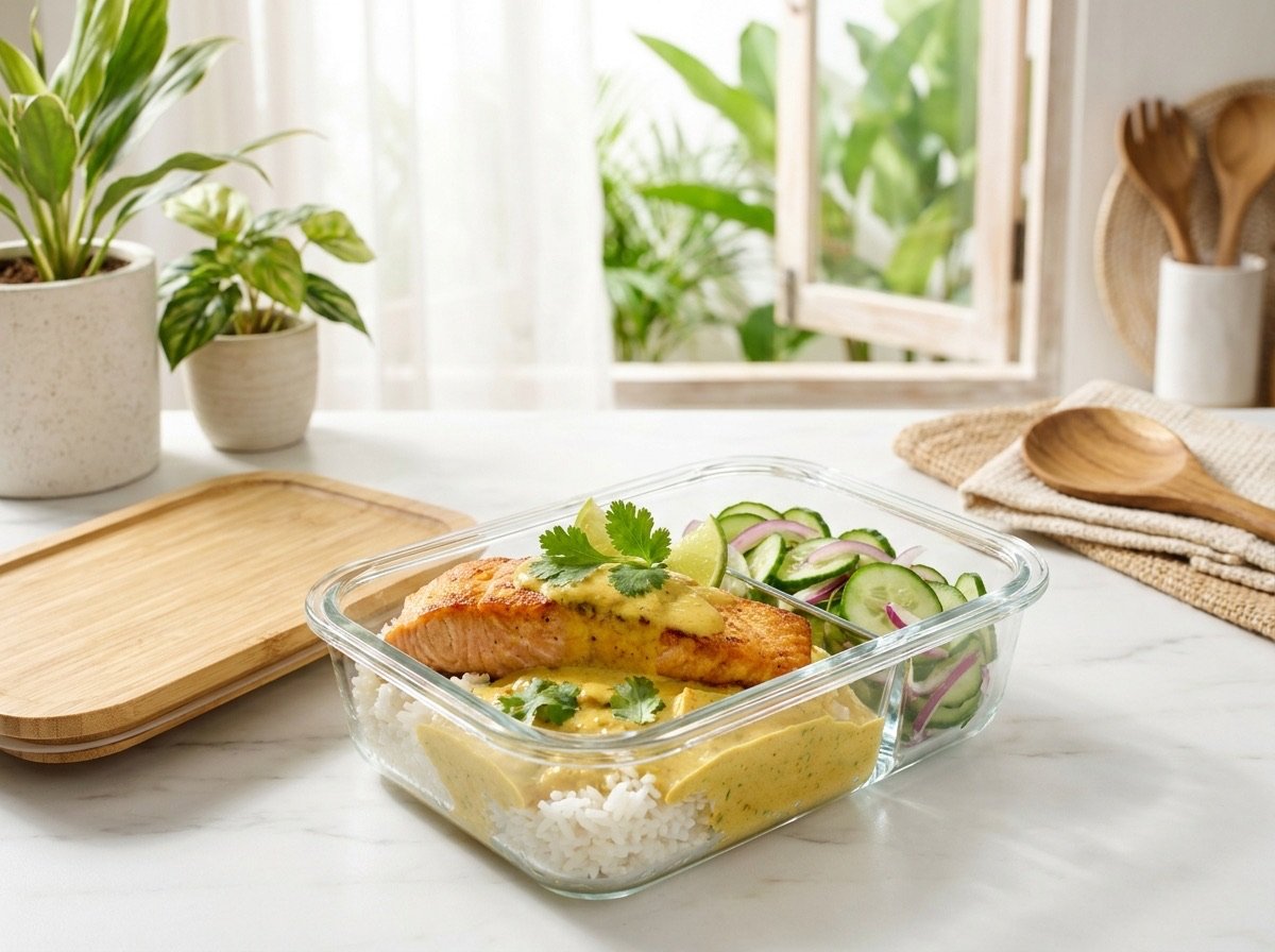 Coconut curry salmon rice bowl