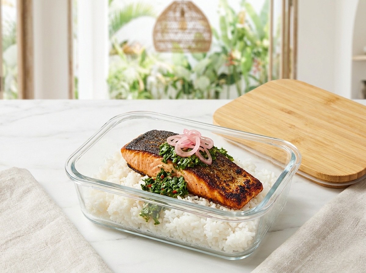 Grilled salmon with coconut rice
